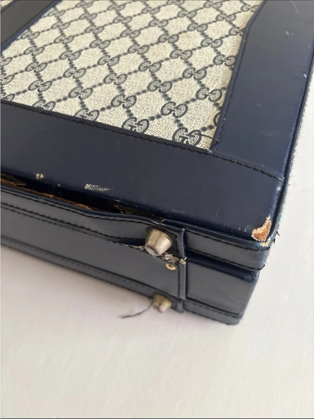 Authentic Gucci Monogram Canvas Top Handle Bag Briefcase in Navy & Beige